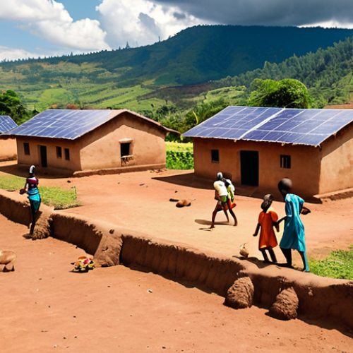 Home 11 **Rural Rwanda solar power:** A vibrant, sunny scene in a Rwandan village. Solar panels are installed on rooftops of traditional mud brick houses. Children are playing in the foreground, and there is a lush, green landscape in the background. Emphasize the positive impact of solar energy on daily life.