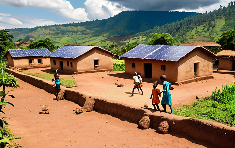 **Rural Rwanda solar power:** A vibrant, sunny scene in a Rwandan village. Solar panels are installed on rooftops of traditional mud brick houses. Children are playing in the foreground, and there is a lush, green landscape in the background. Emphasize the positive impact of solar energy on daily life.