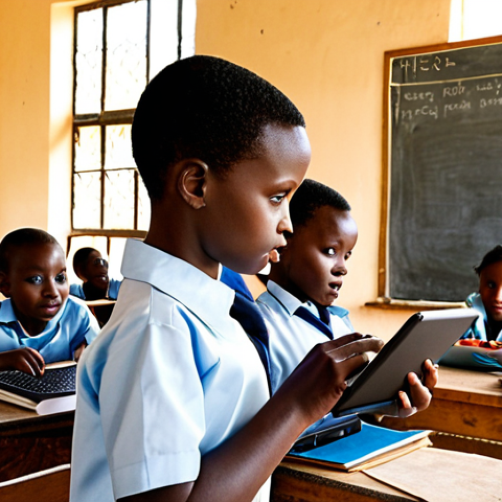 **Prompt 1:** A vibrant, sunlit classroom in rural Rwanda filled with diverse young Rwandan children, both boys and girls, actively engaged in learning. Some children are seen using tablets or small laptops, while others are interacting with a supportive Rwandan teacher at a modern smartboard. The room features a mix of contemporary educational tools and subtle elements reflecting Rwandan culture. Expressions of curiosity, joy, and focused learning are visible on the children's faces, symbolizing widespread access to quality basic education and the integration of digital learning.