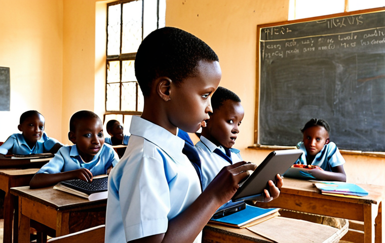 **Prompt 1:** A vibrant, sunlit classroom in rural Rwanda filled with diverse young Rwandan children, both boys and girls, actively engaged in learning. Some children are seen using tablets or small laptops, while others are interacting with a supportive Rwandan teacher at a modern smartboard. The room features a mix of contemporary educational tools and subtle elements reflecting Rwandan culture. Expressions of curiosity, joy, and focused learning are visible on the children's faces, symbolizing widespread access to quality basic education and the integration of digital learning.
