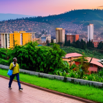 Kigali Cityscape at Sunset**

"A panoramic view of Kigali, Rwanda's capital city, at sunset. The cityscape is nestled among rolling hills, with colorful houses and lush green gardens. The sky is a vibrant mix of orange, pink, and purple hues. In the foreground, a modern building stands tall. Fully clothed people are walking on the sidewalks. Appropriate attire, safe for work, perfect anatomy, natural proportions, professional photography, high quality."

**