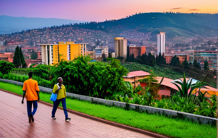 Kigali Cityscape at Sunset**

"A panoramic view of Kigali, Rwanda's capital city, at sunset. The cityscape is nestled among rolling hills, with colorful houses and lush green gardens. The sky is a vibrant mix of orange, pink, and purple hues. In the foreground, a modern building stands tall. Fully clothed people are walking on the sidewalks. Appropriate attire, safe for work, perfect anatomy, natural proportions, professional photography, high quality."

**