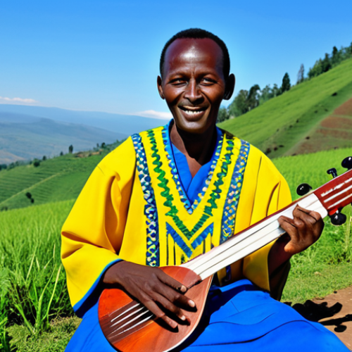 **

A Rwandan musician in a vibrant, fully clothed traditional outfit, playing the Inanga (zither) outdoors. Rolling green hills and a clear blue sky in the background.  Perfect anatomy, correct proportions, natural pose, well-formed hands, proper finger count, natural body proportions, appropriate attire, safe for work, appropriate content, fully clothed, family-friendly, professional.

**