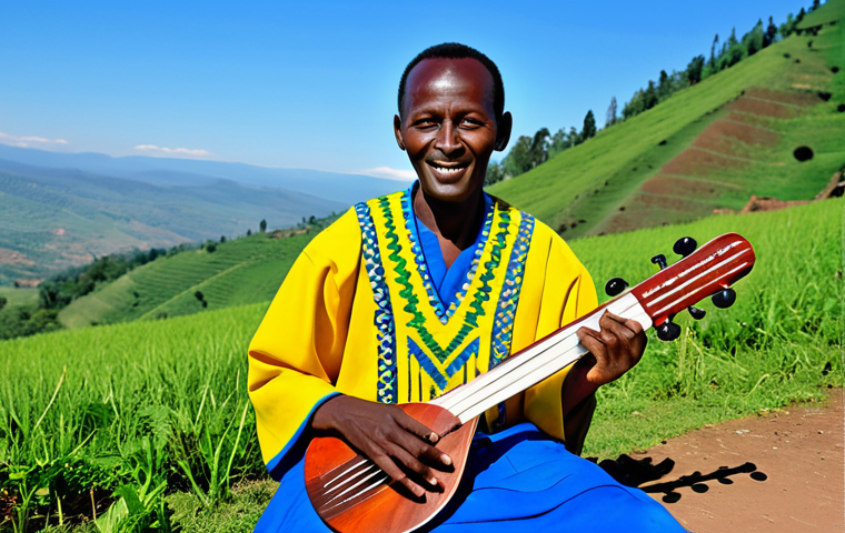 **
A Rwandan musician in a vibrant, fully clothed traditional outfit, playing the Inanga (zither) outdoors. Rolling green hills and a clear blue sky in the background. Perfect anatomy, correct proportions, natural pose, well-formed hands, proper finger count, natural body proportions, appropriate attire, safe for work, appropriate content, fully clothed, family-friendly, professional.
**