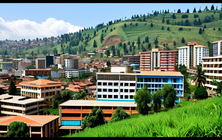 Kigali Cityscape**
"A vibrant and clean cityscape of Kigali, Rwanda during the day. Modern buildings blend with traditional architecture. Lush green hills surround the city. Safe and orderly streets with modest traffic. High-quality, professional photograph, clear details, safe for work, appropriate content."
**