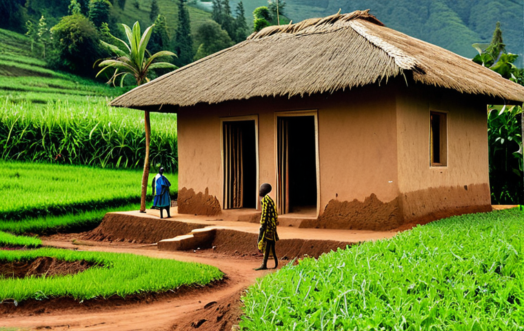 Traditional Rwandan Home**
"A traditionally built Rwandan home with mud walls and a thatched roof, set in a lush green rural landscape, fully clothed people in modest clothing tending to a small garden, appropriate attire, safe for work, perfect anatomy, natural proportions, professional photography, high quality, family-friendly."
**