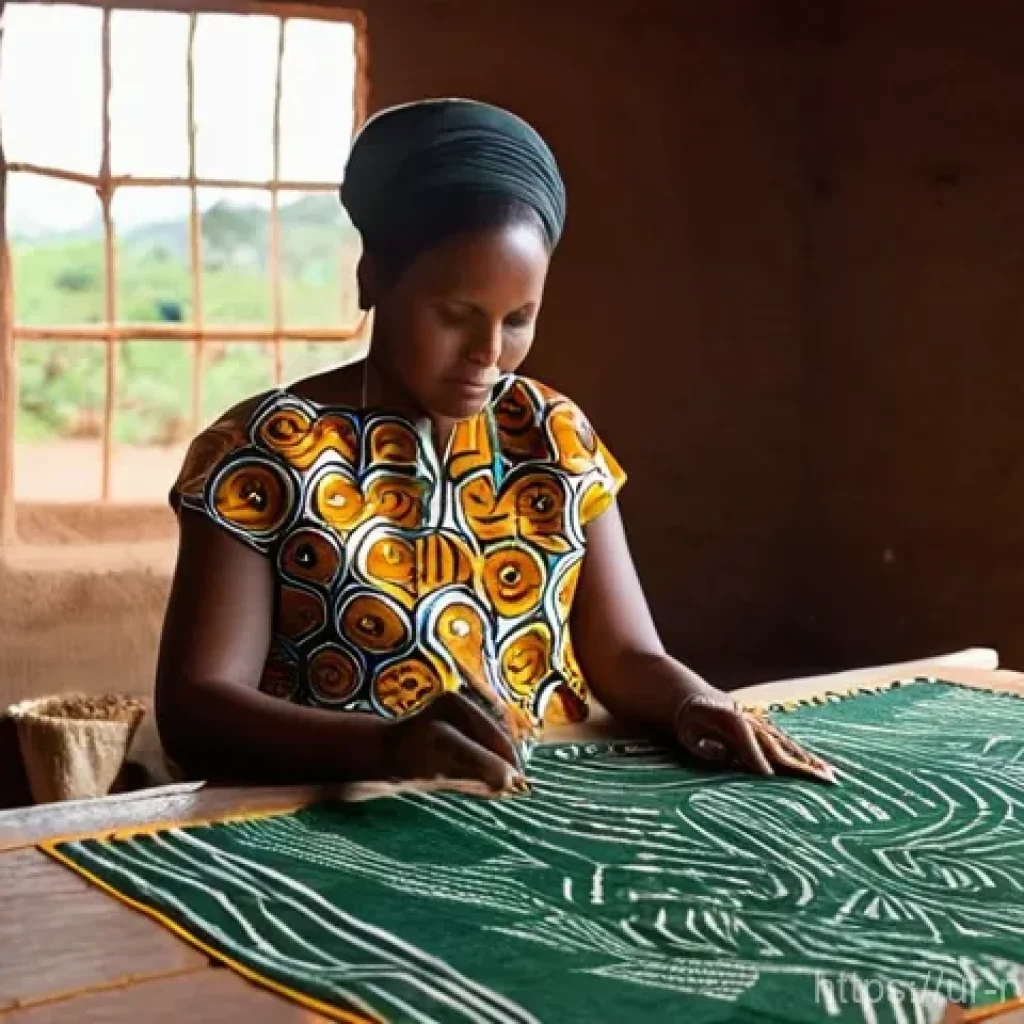 르완다 전통 직물 산업 연구 - **Vibrant Imigongo Textile Artist at Work:** A Rwandan woman artisan, dressed in a modest yet vibran...