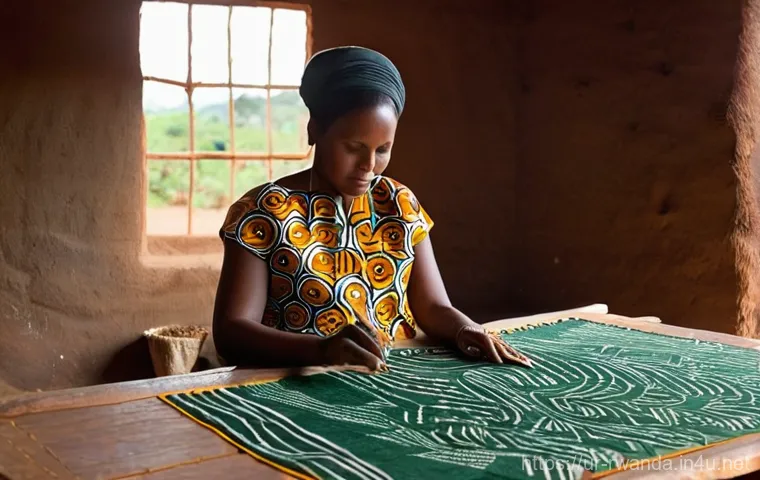 르완다 전통 직물 산업 연구 - **Vibrant Imigongo Textile Artist at Work:** A Rwandan woman artisan, dressed in a modest yet vibran...