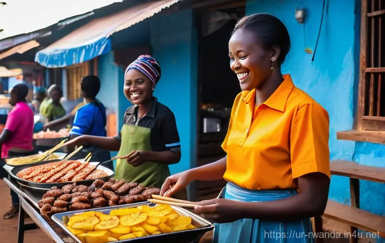 르완다의 현지 음식점 추천 - **Vibrant Kigali Street Food Market at Sunset:**
* **Description:** A lively, bustling open-ai... 르완다의 현지 음식점 추천 - **Vibrant Kigali Street Food Market at Sunset:**
* **Description:** A lively, bustling open-ai...