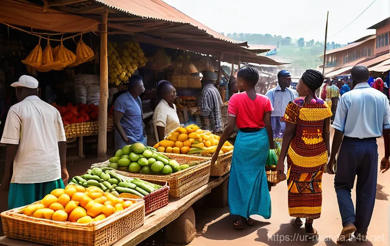 르완다 여행 안전 팁 - **Prompt 1: Vibrant Rwandan Market Scene**
"A bustling, open-air market in Kigali, Rwanda, fille...