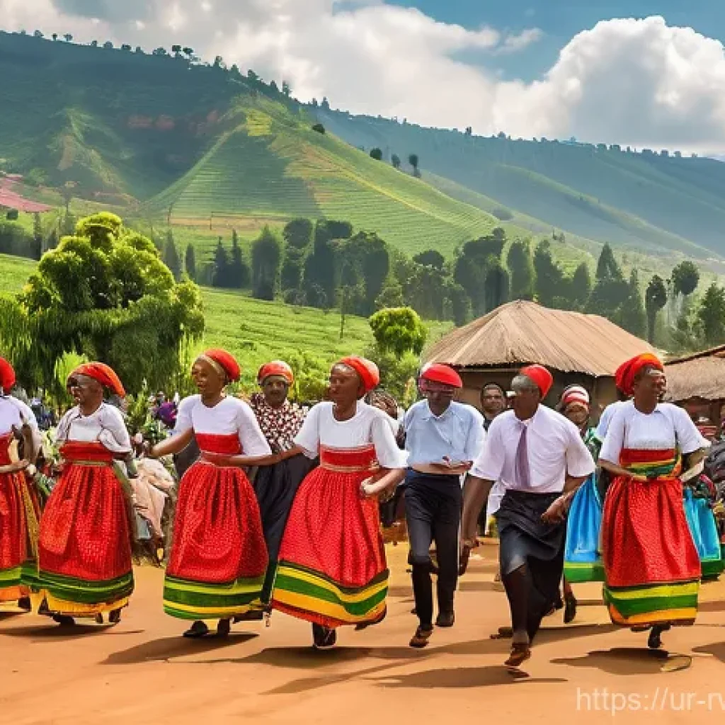 르완다의 주요 국제 문화 행사 - **Vibrant Rwandan Umuganda Community Festival:** An outdoor scene depicting a lively community event...