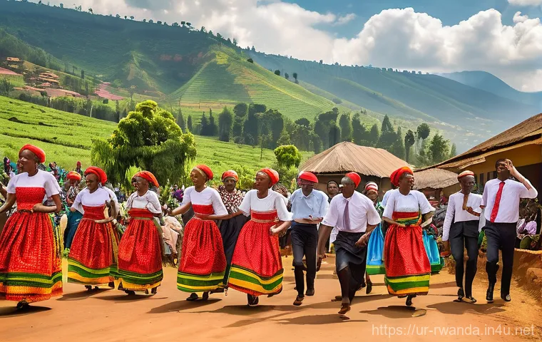 르완다의 주요 국제 문화 행사 - **Vibrant Rwandan Umuganda Community Festival:** An outdoor scene depicting a lively community event...