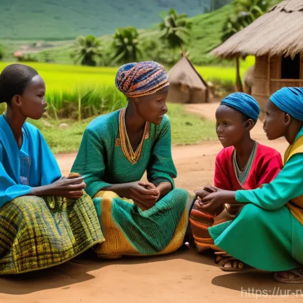 르완다의 역사적 사건 - **Prompt:** A vibrant and harmonious scene depicting pre-colonial Rwandan village life. Show men, wo...