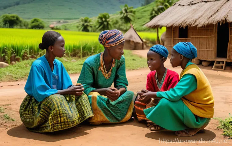 르완다의 역사적 사건 - **Prompt:** A vibrant and harmonious scene depicting pre-colonial Rwandan village life. Show men, wo...