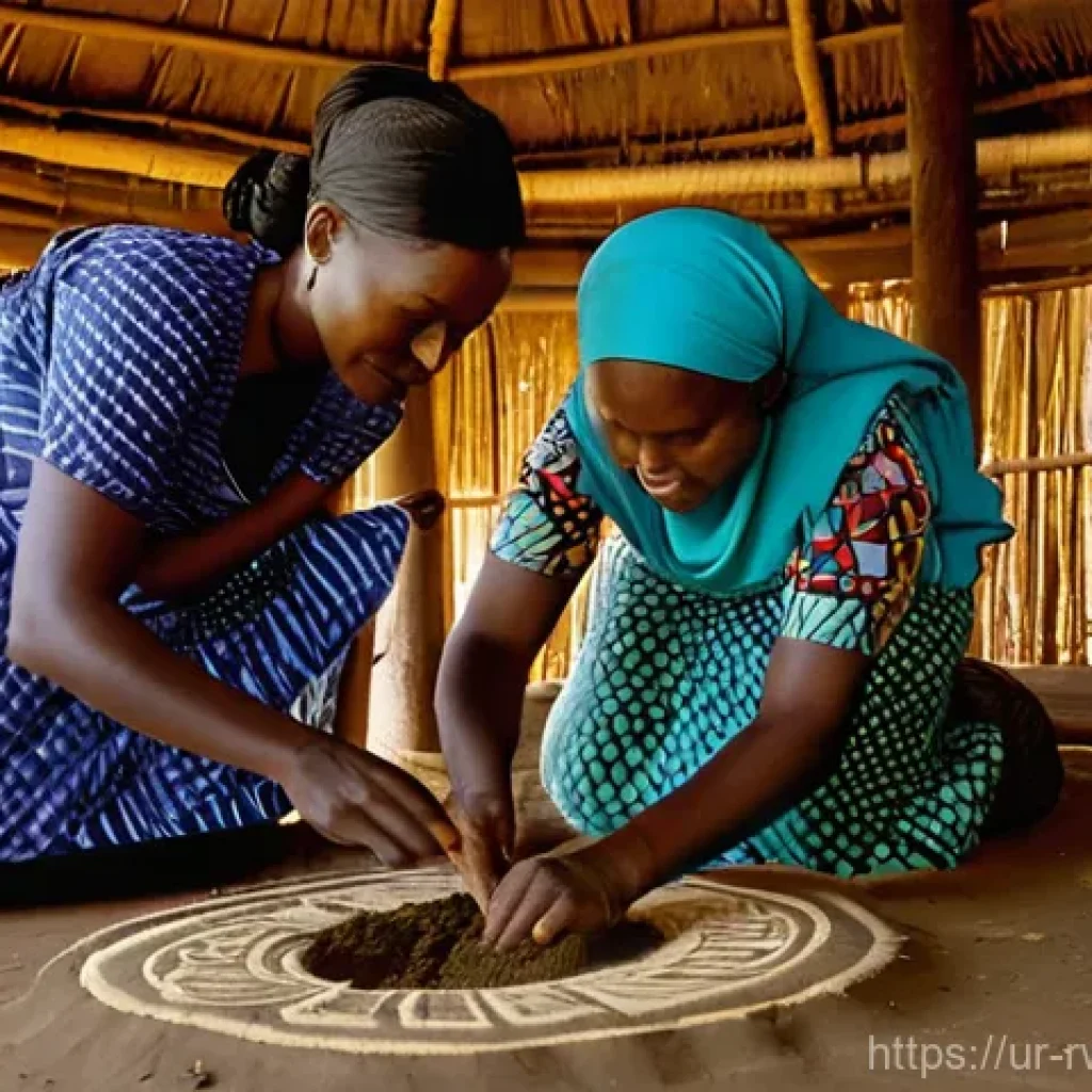 르완다 전통 직물 디자인 갤러리 - **Prompt:** "A group of Rwandan women, dressed in modest, colorful traditional attire, are meticulou...