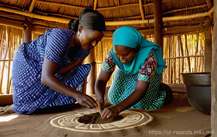 르완다 전통 직물 디자인 갤러리 - **Prompt:** "A group of Rwandan women, dressed in modest, colorful traditional attire, are meticulou...