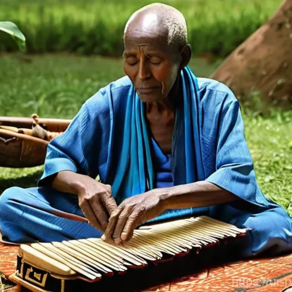 르완다의 주요 전통 악기 소개 - **The Soulful Inanga Player**
    A dignified elderly Rwandan musician, with a serene and wise expre...