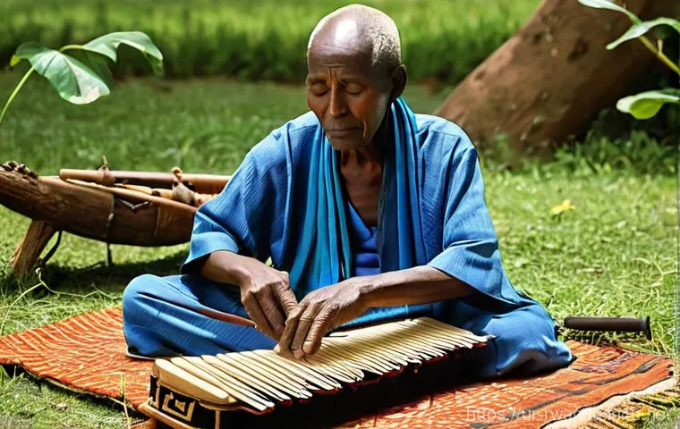 르완다의 주요 전통 악기 소개 - **The Soulful Inanga Player**
    A dignified elderly Rwandan musician, with a serene and wise expre...