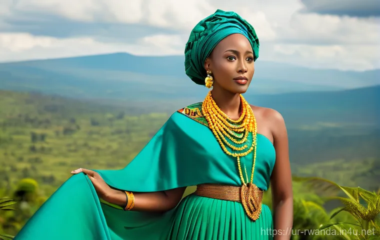 르완다 전통 직물 - **A Regal Umushanana Ensemble:**
    "A stunning portrait of a dignified Rwandan woman, gracefully s...