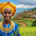 르완다의 주요 민속 의상 제작자 - **Prompt:** A Rwandan woman elegantly adorned in a traditional "Imishanana" dress, standing graceful...