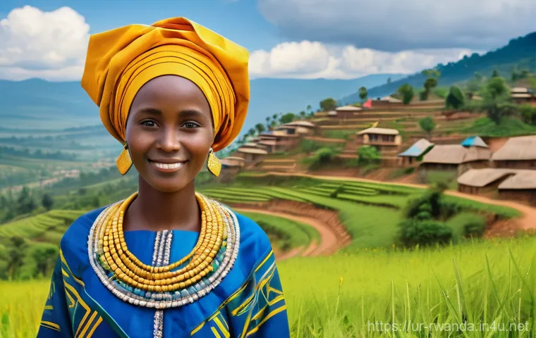 르완다의 주요 민속 의상 제작자 - **Prompt:** A Rwandan woman elegantly adorned in a traditional "Imishanana" dress, standing graceful...